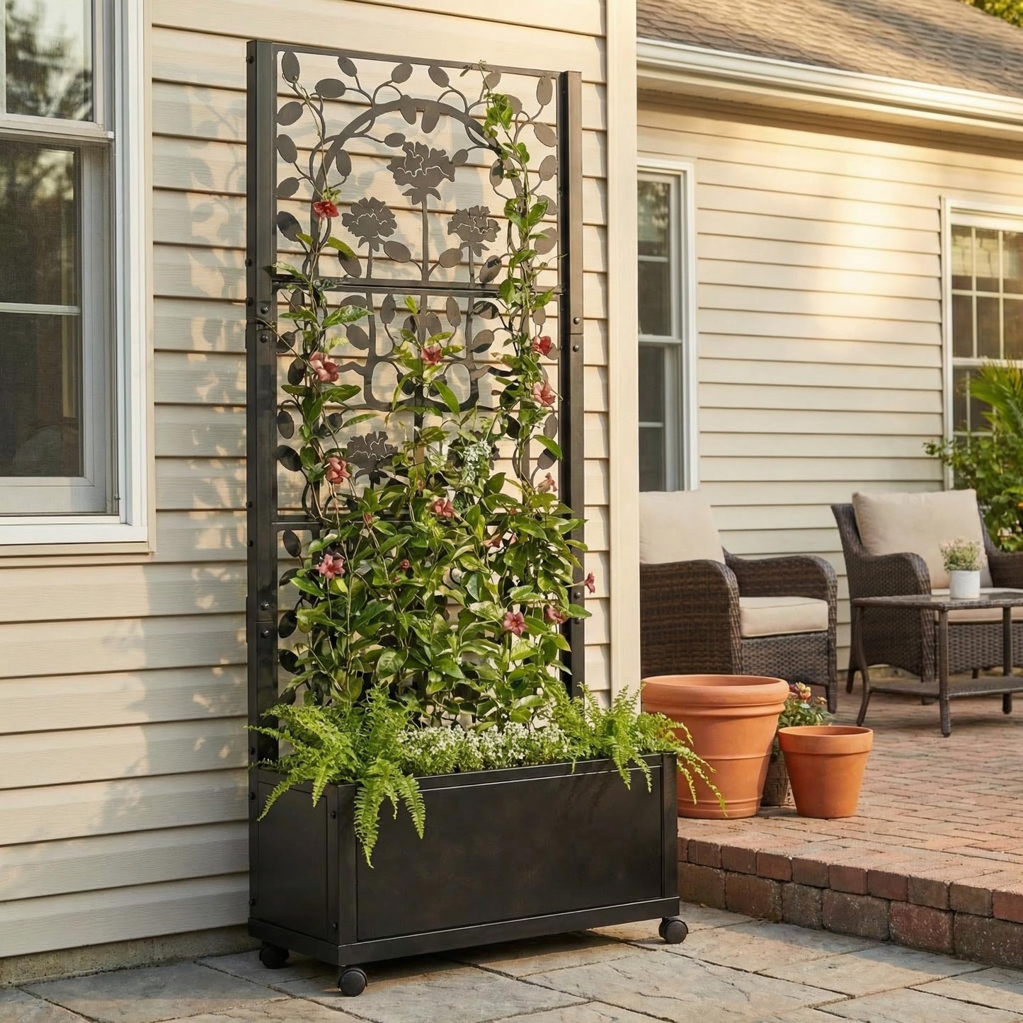 H Potter Black Metal Trellis Planter with Wheels 75” Tall Privacy Screen for Patio Deck Balcony