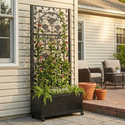 H Potter Black Metal Trellis Planter with Wheels 75” Tall Privacy Screen for Patio Deck Balcony