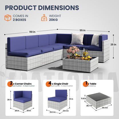 Pamapic 7 Piece Outdoor Sectional Sofa Set, All-Weather Patio Furniture with Washable Cushions, Waterproof Gray Rattan Wicker Conversation Set for Backyard, Poolside, Garden (Navy Blue Cushions)