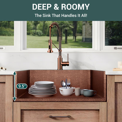 CT Copper Tailor 33" Copper Farmhouse Kitchen Sink 16 Gauge Thick, Hand-hammered Antique Copper 50/50 Double Bowl Sink,Strainer Included