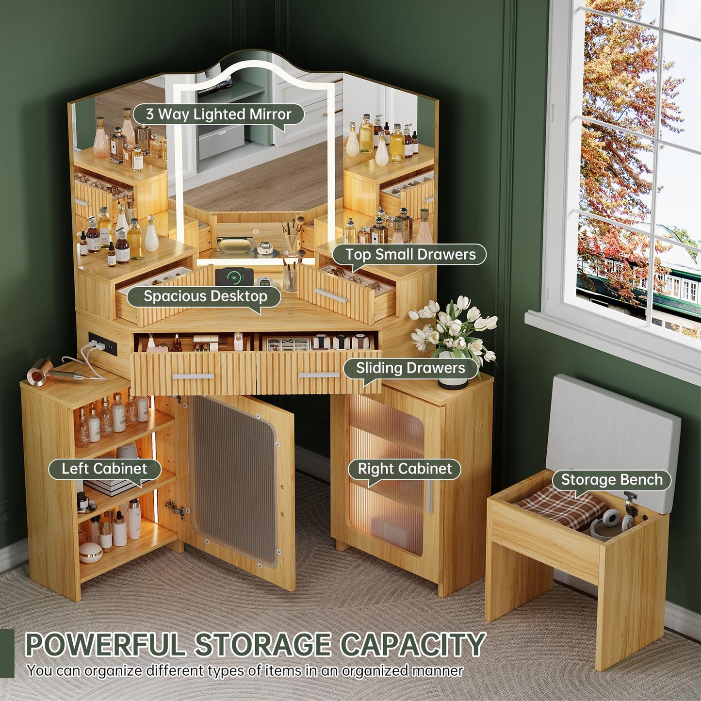 Corner Vanity with Mirror and Lights, Corner Makeup Vanity with 4 Drawers & 2 Cabinets, Vanity Set with Tri-Way Mirrors and Cushioned Stool, Big Vanities with Power Outlet Perfect for Bedroom, Oak