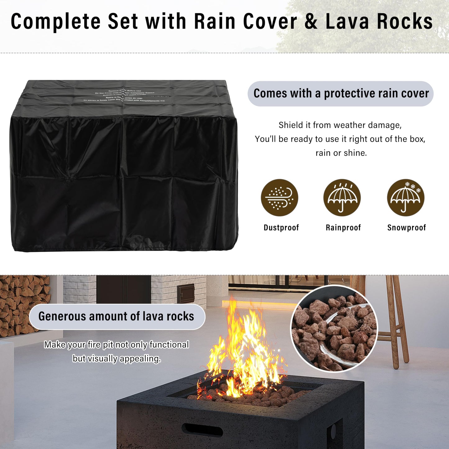Merax MGO Outdoor Square Fire Pit with Steel Burner,Lightweight 24.02-inch Propane Fire Pit Table with Adjustable Flame, 40,000 BTU, Lava Rocks, and Rain Cover for Patio,Backyard, Poolside, Black