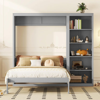 PacknWood Acosure Queen Size Murphy Five-Layer Cabinet,Solid Wood Storage Hidden Wall Beds Frame,W/Dual Piston Metal Folding Mechanism Designed,Space-Saving,for Home Office,Study,Guest Room,Gray