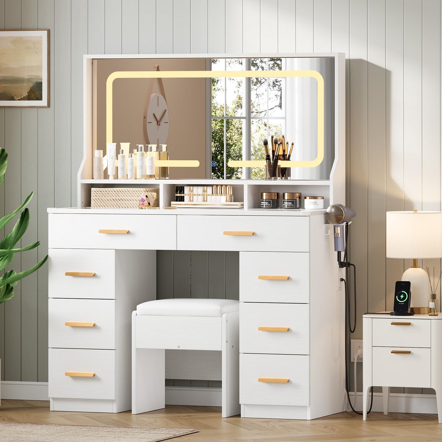 MilleLoom Vanity Desk with Large Mirror & Lights, Makeup Vanity Desk with 8 Drawers & 3 Storage Shelves, Makeup Vanity Table Set with Transparent Glass Top, Stool & Power Outlet for Bedroom, White