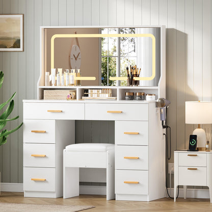 MilleLoom Vanity Desk with Large Mirror & Lights, Makeup Vanity Desk with 8 Drawers & 3 Storage Shelves, Makeup Vanity Table Set with Transparent Glass Top, Stool & Power Outlet for Bedroom, White