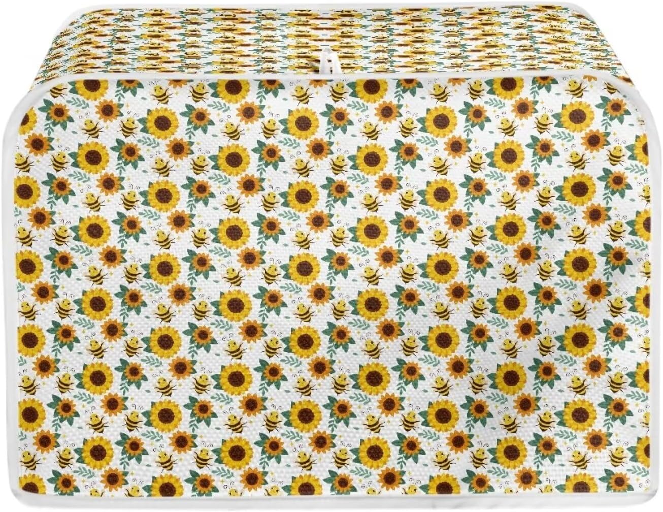 Sunflower Bee 2 Slice Toaster Cover, Machine Washable Polyester Kitchen Decor, Greasy Protector, Dust Cover