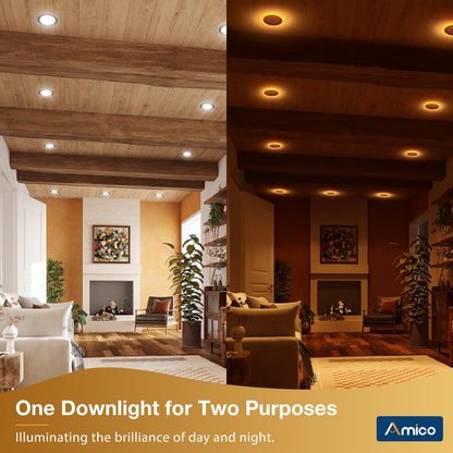 Amico 24 Pack 6 Inch 5CCT LED Recessed Ceiling Light with Night Light, 2700K/3000K/3500K/4000K/5000K Selectable Ultra-Thin Recessed Lighting, 12W=110W, 1100LM, Dimmable Canless Wafer Downlight ETL&FCC