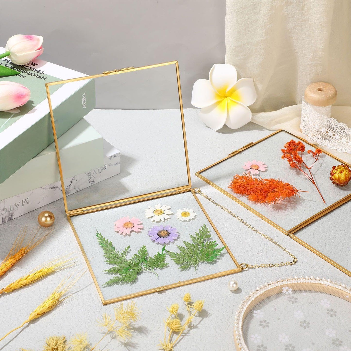 Treela Pressed Flowers Glass Frames 6 x 6 Inch, Hanging Double Glass Picture Frame Clear Square Floating Frames with Chains Graduation Wedding Gift for Dried Plant Specimen Gallery(Gold,4 Pieces)