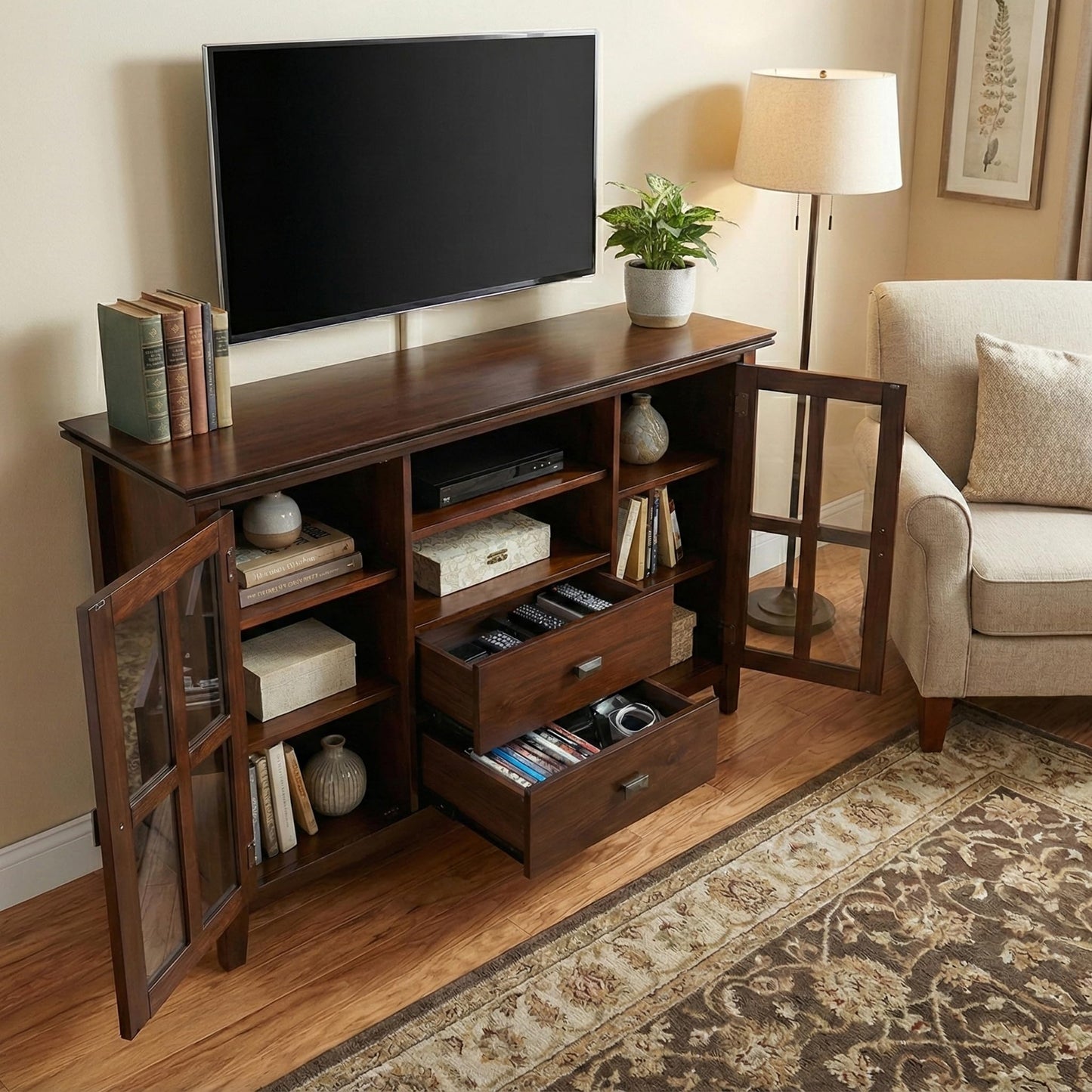 SIMPLIHOME Artisan TV Stand - 53 inch Wide Solid Wood Tall Media Console in Russet Brown, Contemporary Entertainment Center for Living Room for TVs up to 60 Inches with Drawers and Cable Management