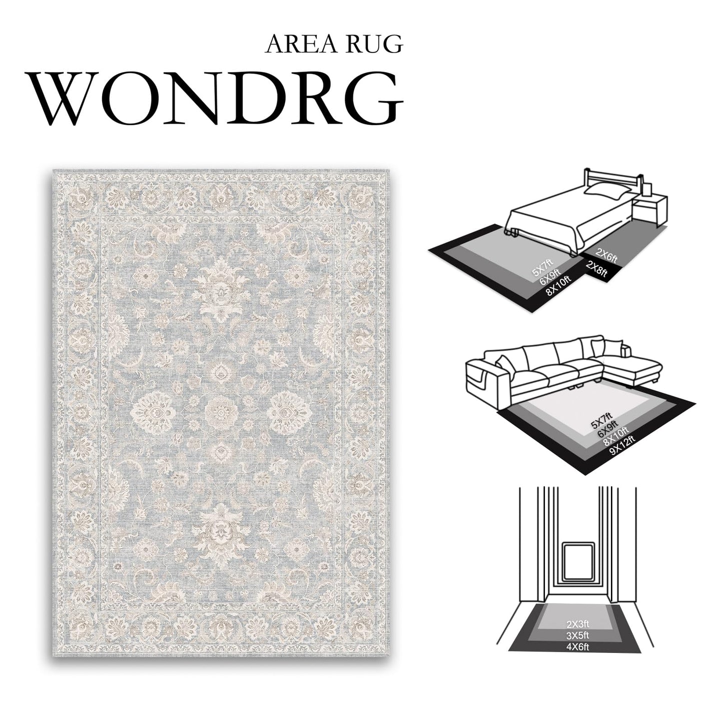 WondRg 10x14 Blue Cream Area Rug for Living Room Bedroom Neutral Floral Soft Non Slip Rug Low Pile Distressed Large Carpet for Dining Room Nursery Office Indoor