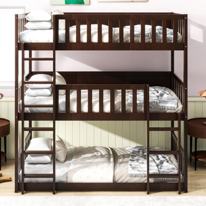 KEIKI Twin Over Twin Over Twin Triple Bunk Bed, Solid Rubber Wood Detachable 3-in-1 Bed Frame with Ladders & Full Guardrails, Space-Saving Boys & Girls Bed for Family & Sleepovers, Espresso