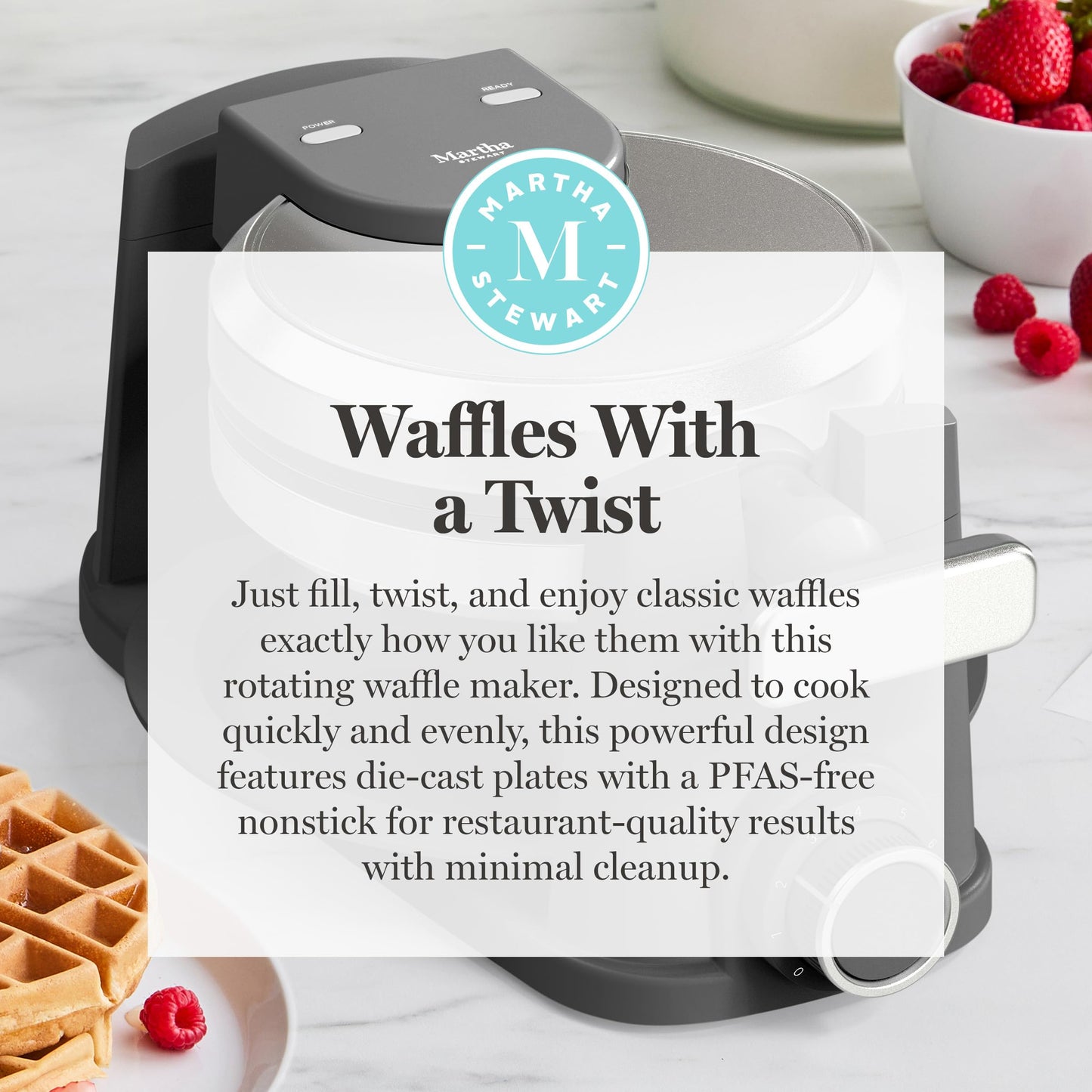 Martha Stewart Rotating Waffle Maker, 180° Flip Iron with PFAS-Free Nonstick Plates, Adjustable Timer, Ready Light, Drip Tray, Space Saving, Classic Round 7”, Easy to Clean, Stainless Steel, Caviar
