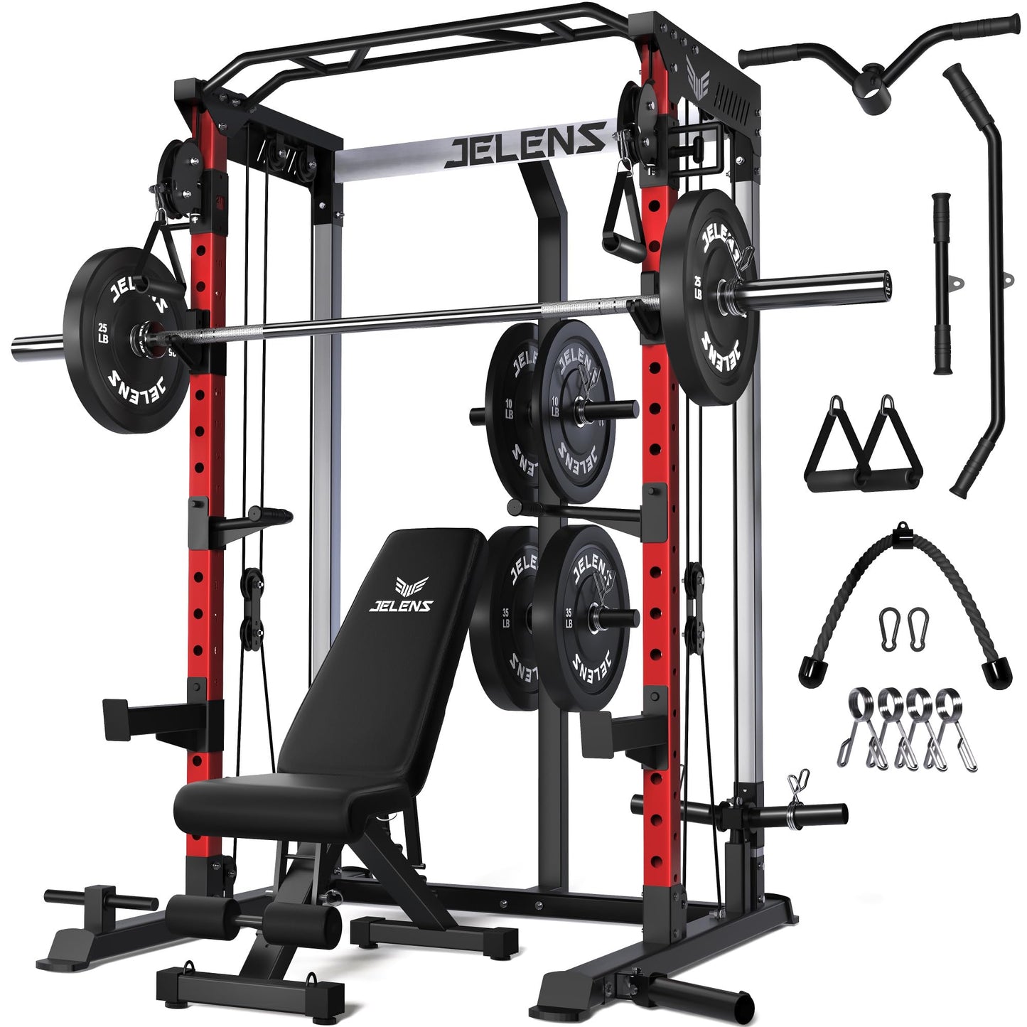 JELENS C21 Power Cage, 2000LBS Multi-Function Power Rack with Independent Dual Pulley System, All-in-One Squat Rack for Cable Crossover, Home Gym Workout Machine (Red,140LBS Black)