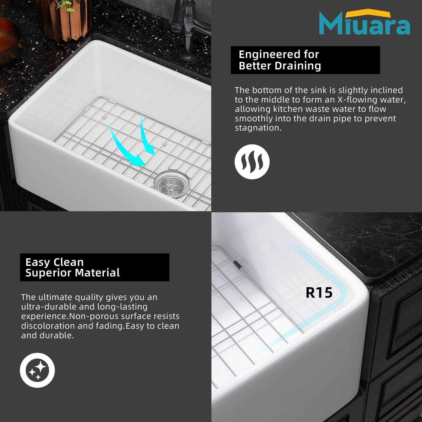 Miuara Farmhouse Sink 33 Inch - Apron Front Kitchen Sink Reversible 33"x18"x10", Undermount Installation, Farm House Style Single Bowl, Solid Fireclay, Glossy White, for Kitchen