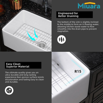 Miuara Farmhouse Sink 33 Inch - Apron Front Kitchen Sink Reversible 33"x18"x10", Undermount Installation, Farm House Style Single Bowl, Solid Fireclay, Glossy White, for Kitchen