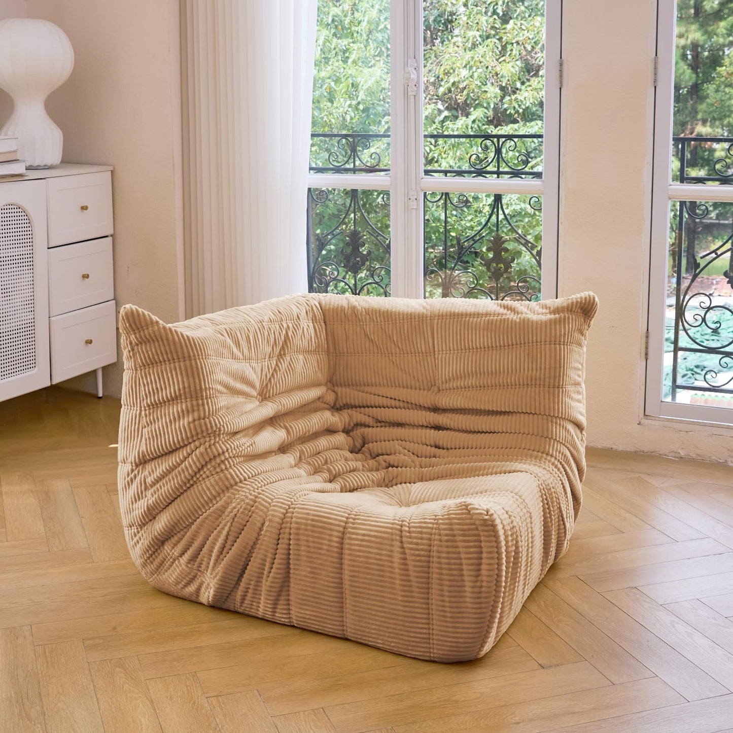 N&V Fireside Corner Chair, Mid Century Armless Floor Sofa, Soft Premium Corduroy Floor Lounge Chair, Foam Sofa Accent Chair for Living Room Bedroom and Office (Beige)