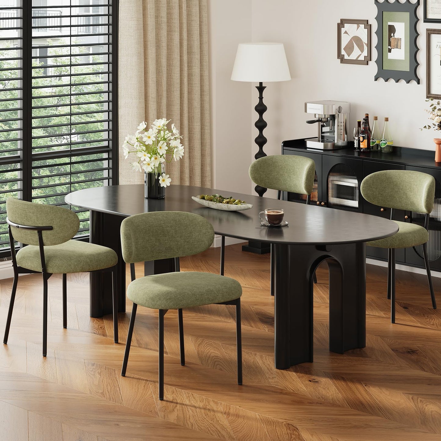 Upholstered Dining Chairs Set of 4, Modern Fabric Kitchen Chairs with Curved Backrest and Cushioned Seat, Sturdy Metal Legs, Modern Dining Chairs for Kitchen Dining Room, Living Room,Green