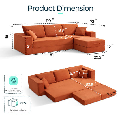 LINSY HOME Oversized Convertible Sofa Bed with 2 Pillows & Ottoman, Corduroy Boneless Couch Folding Modular Sleeper Sofa, L Shaped Couch Floor Sofa for Living Room Apartment, Upgrade Backrest (Orange)