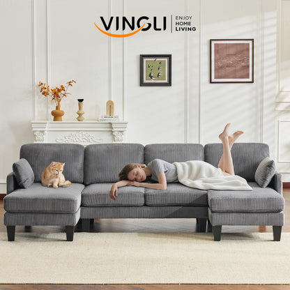 VINGLI 108" W U-Shaped Sectional Couches for Living Room, Sturdy Wooden Armrest Corduroy Cloud Couch with Double Chaise, High Support Modern 4-Seat Sectional Sofa for Apartment, Offices, Dark Grey