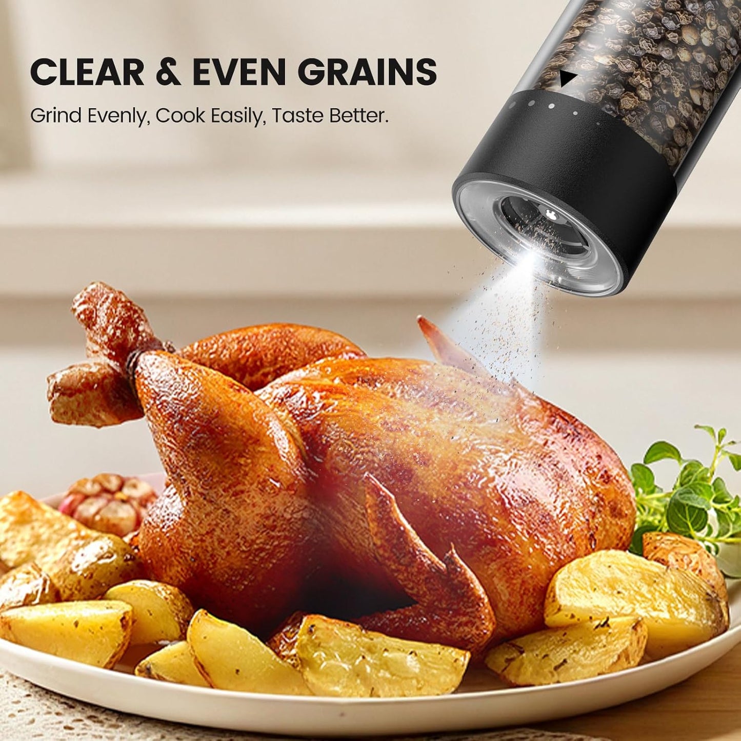 Skiennix Electric Salt and Pepper Grinder Set - Rechargeable Automatic Shakers with Adjustable Coarseness | 2-Pack Black/White