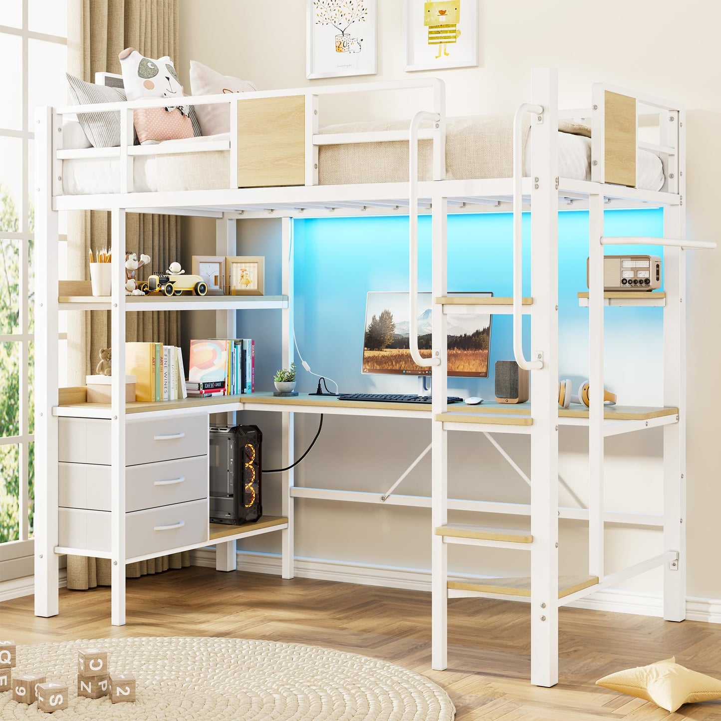 GarveeLife Twin Size Loft Bed Frame with Desk and Storage Shelves, Metal Loft Bed with Ladder and Full-Length Guardrails, Space Saving Kids Bed with Built-in Workstation for Bedroom, White