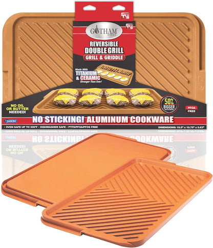 Gotham Steel XL Nonstick 2 in 1 Griddle Pan & Grill Pan, Reversible Copper Griddle for Stovetop & Outdoor Use