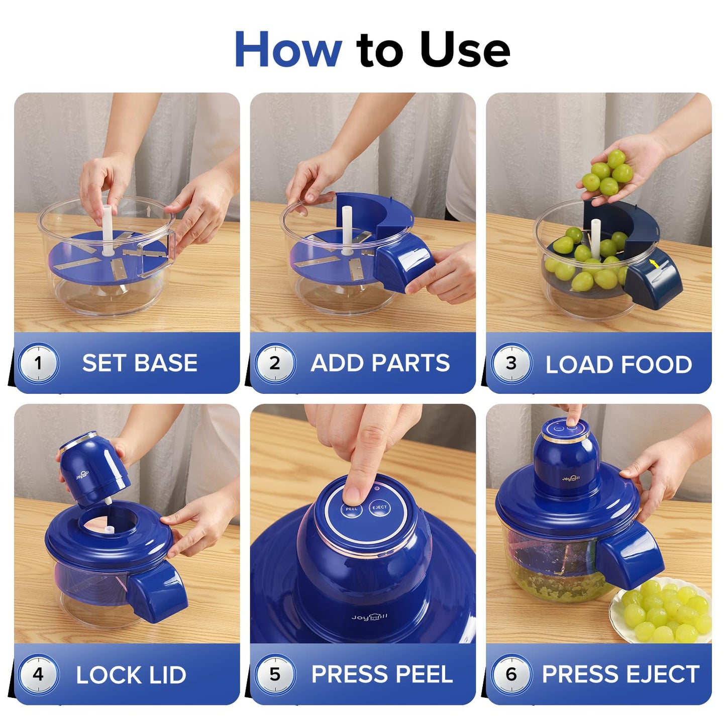 JOYHILL Electric Grape Peeling Machine, Automatic Fruit and Garlic Peeler for Grape Tomato Cherry, 50W Motor with Stainless Steel Blades, Rechargeable Cordless Kitchen Peeling Tool (Blue-1PC)