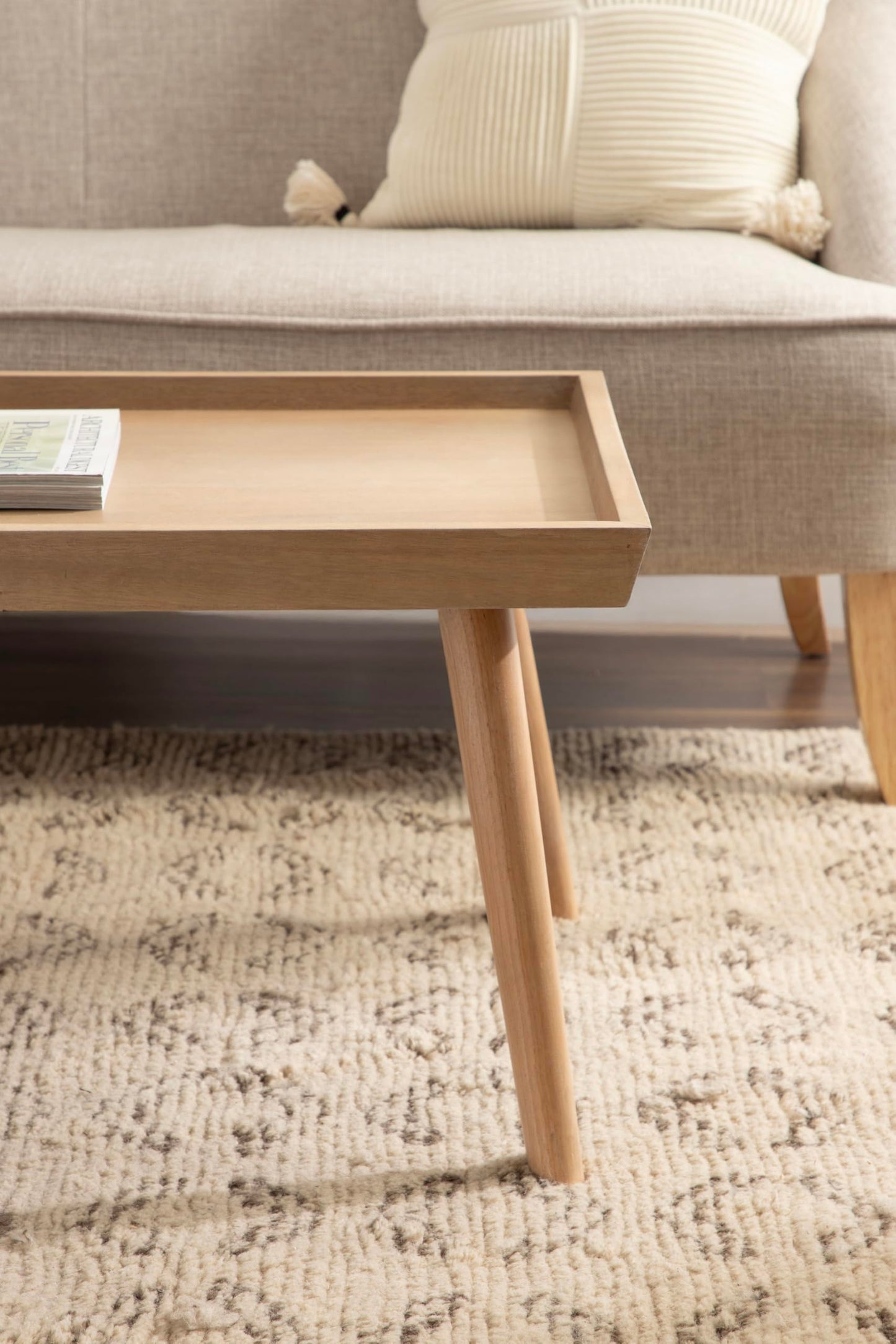 Kate and Laurel Eastmont Rectangle Wood Coffee Table; 46 x 22 x 17; Light Natural; Large Mid-Century Wooden Living Room Table with Stylish Tapered Legs and Adjustable Feet
