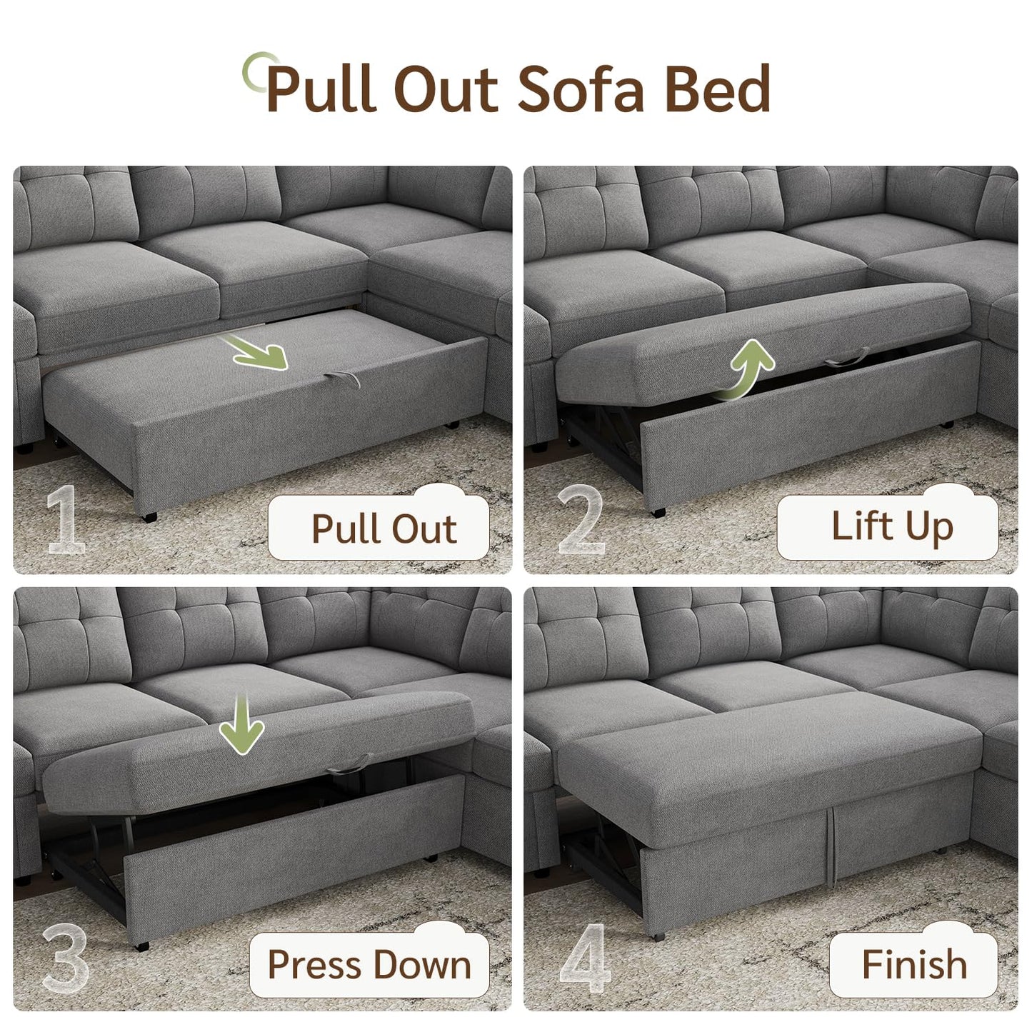 HONBAY Sectional Sleeper Sofa with Pull Out Bed, Convertible 7 Seaters U Shaped Sectional Couch for Living Room, Grey