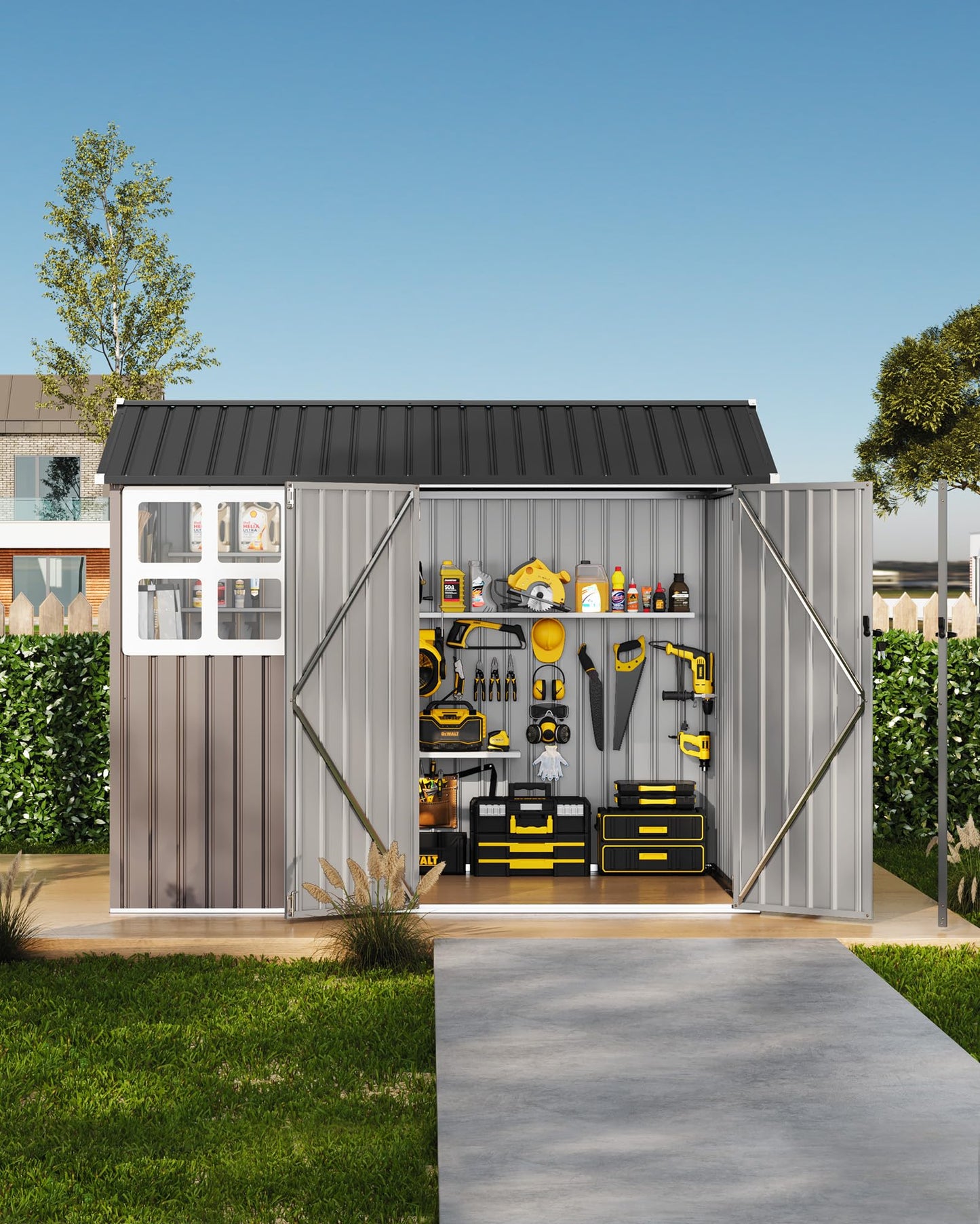 8x6 FT Outdoor Storage Shed with Window and Solar LED Light, Waterproof Metal Garden Tool Shed with Lockable Door, Vented Sloped Roof for Backyard Patio Lawn, Brown