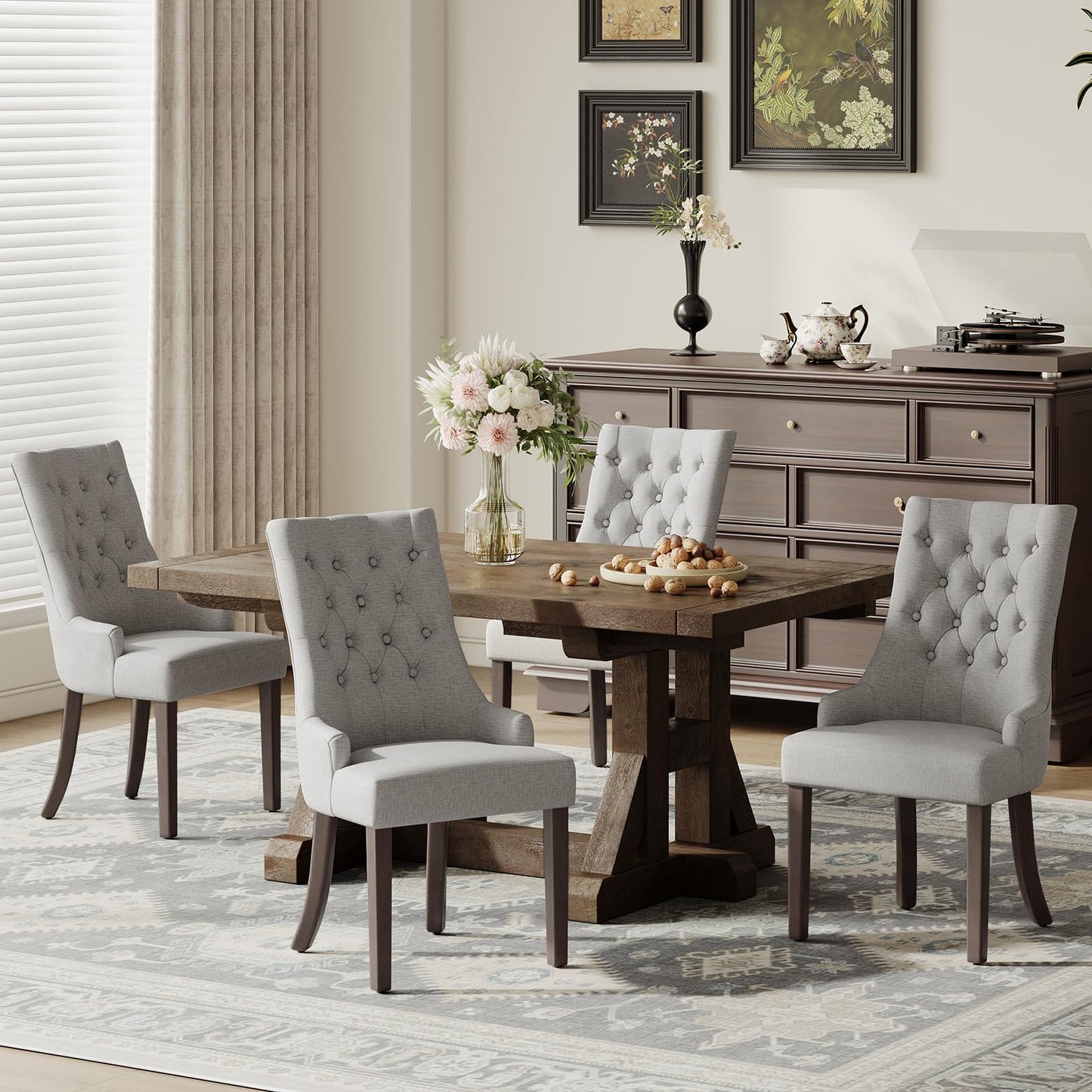 COLAMY Fabric Side Dining Chairs Set of 4, Wingback Upholstered Dining Room Chairs with Tufted Button, Living Room Chairs for Home Kitchen, Light Grey