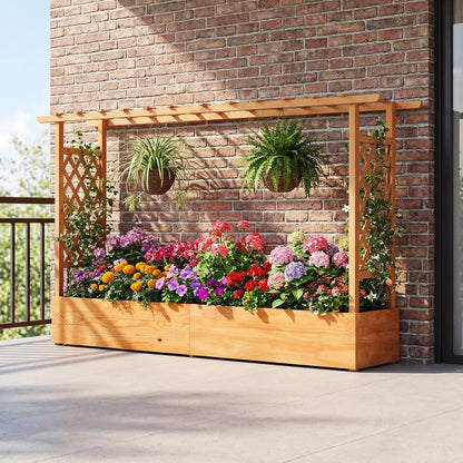 LDAILY Raised Garden Bed with Trellis, Above Ground Garden Bed with Hanging Roof, Side Trellis, & 6 Drainage Holes, Planter Box for Outdoor Climbing Plants Vines Flowers