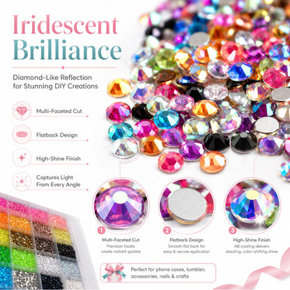 Vexorith Anti-Spill Rhinestone Bedazzling Kit, 35000pcs 28-Color High-Shine AB Coating Flatback Resin Rhinestones with B7000 Glue and Tools, Organizer Case for DIY Phone Cases, Clothes, Sneakers