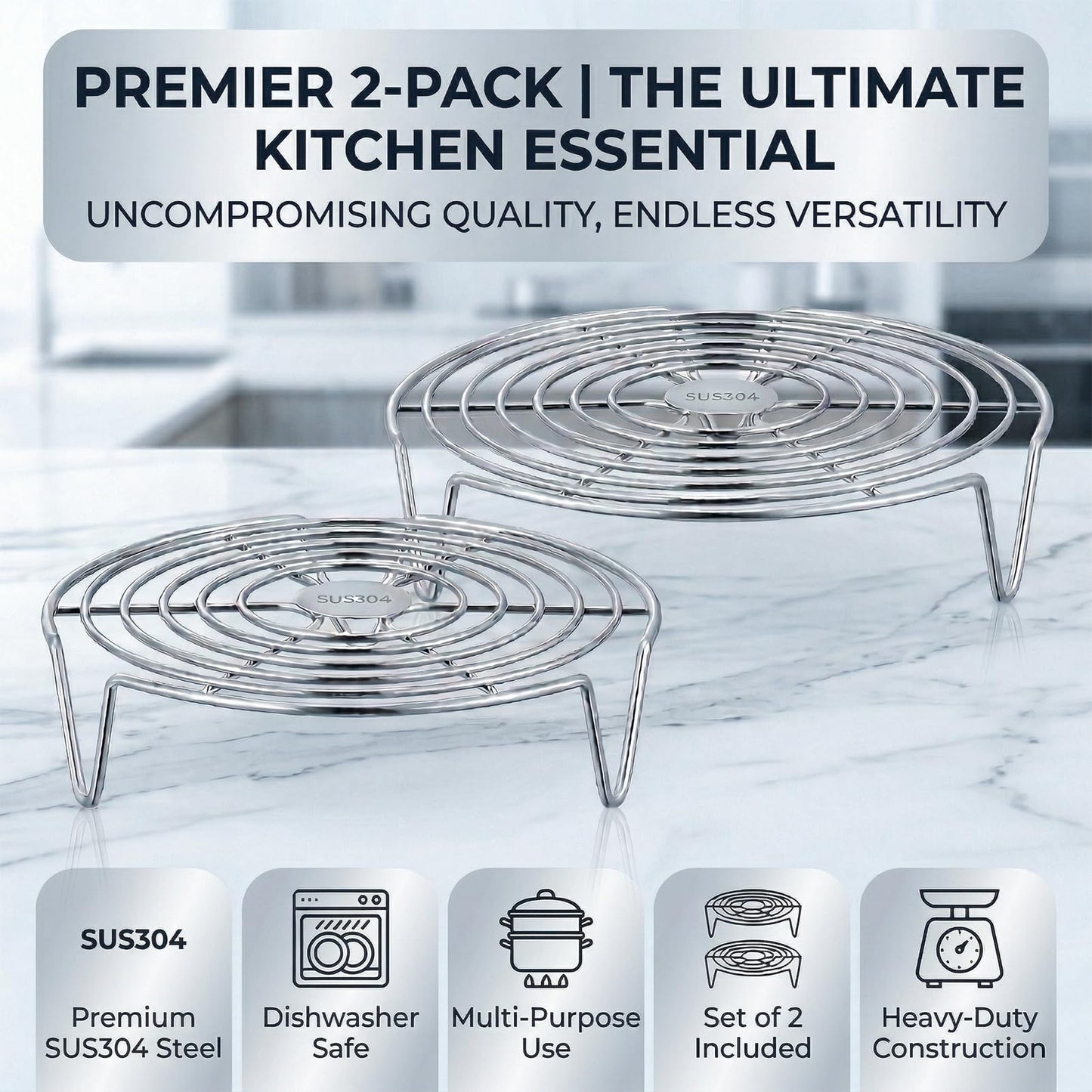 Round Steamer Rack 2 Pcs, 2.5mm Thick 304 Stainless Steel Cooking Trivet, 1.57 Inch High Legs Wire Stand for Air Fryer and Stockpot, Cooling Baking Roasting Insert (6.3 & 7.1 Inch)