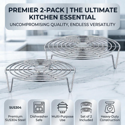 Round Steamer Rack 2 Pcs, 2.5mm Thick 304 Stainless Steel Cooking Trivet, 1.57 Inch High Legs Wire Stand for Air Fryer and Stockpot, Cooling Baking Roasting Insert (6.3 & 7.1 Inch)