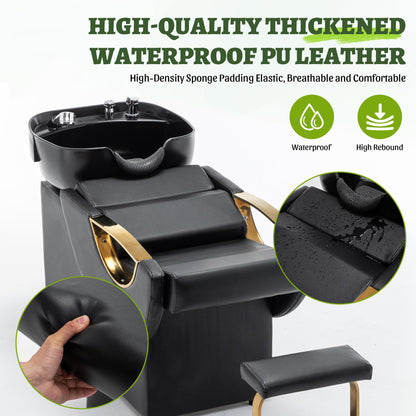 KEIKI Large Shampoo Bowl & Chair Set with Footstool, Black & Gold Barber Backwash Chair, Heavy Duty 300lbs Hair Washing Chair with Deep ABS Basin & Neck Rest for Spa Beauty Stylist