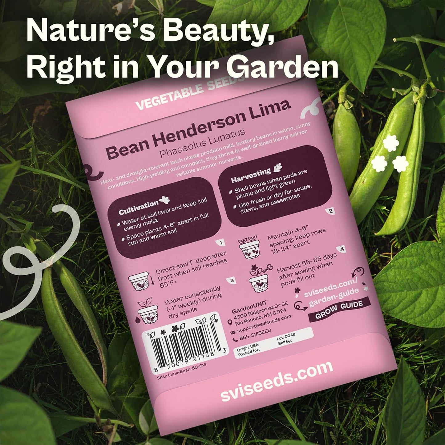 50 Packets, SVI Henderson Lima Bean Seeds (Phaseolus lunatus) Bush Baby Lima Beans Seed Green Beans Heirloom Vegetable