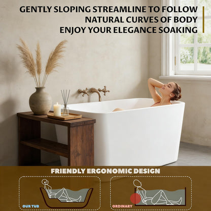49" Acrylic Freestanding Soaking Bathtub, Matte Black Drain & Overflow, Modern Design Unique Tub for Home Bathroom Renovations, Glossy White