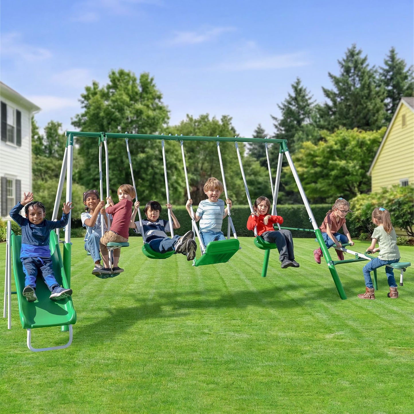 Sportspower Park Ridge Metal Swing Set for Ages 3-8, 2 Swings, Standing Swing, Roman Glider, Teeter Totter, 5ft Slide, 6.1ft Durable Steel Frame, Anchor Kit, 800lbs