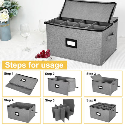 homyfort Wine Glass Storage Box, China Storage Containers with Dividers, Stemware Storage Case Holds 12 Wine Glass or long stem Crystal Glassware with Handles, Hard Shell and Stackable (Grey)
