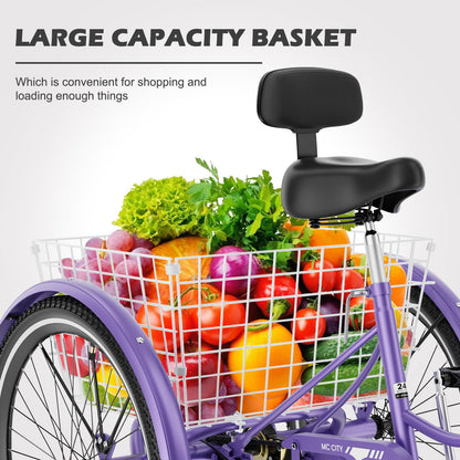 H&ZT Adult Tricycle, 3 Wheeled Bike, Trike Cruiser Bike, with 7-Speed Gear, Parking Brake Handle, Low Step, Large Rear Basket, Elderly Friendly, for Men, Women, and Teens