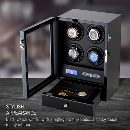 Automatic Watch Winder with LED Light, Storage Drawer and LCD Touchscreen Control (Black + Black)