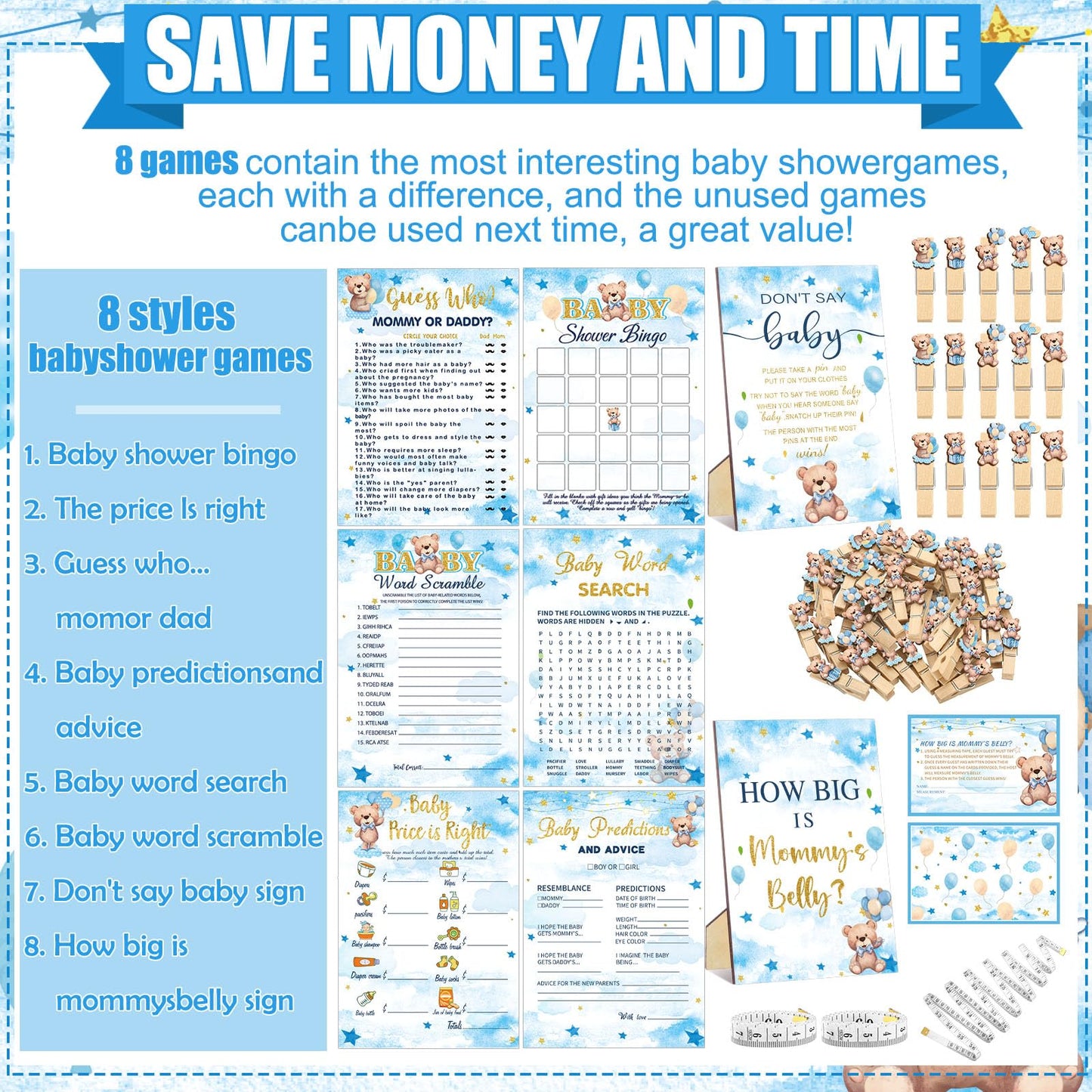 Funnymoom 426 Pcs Blue Theme Bear Baby Shower Decorations Games Set-8 Games Includes Bearly Wait Baby Shower Decorations Bingo Prediction and Advice How Big is Mommy's Belly Don't Say The Words