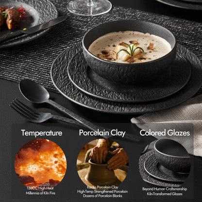 KINGSTONE Black Dinnerware Sets, 24-Piece Matte Marble Pattern Premium Porcelain, Place Setting with Dinner Plate, Salad Plate, Pasta Bowl, Microwave and Dishwasher Safe