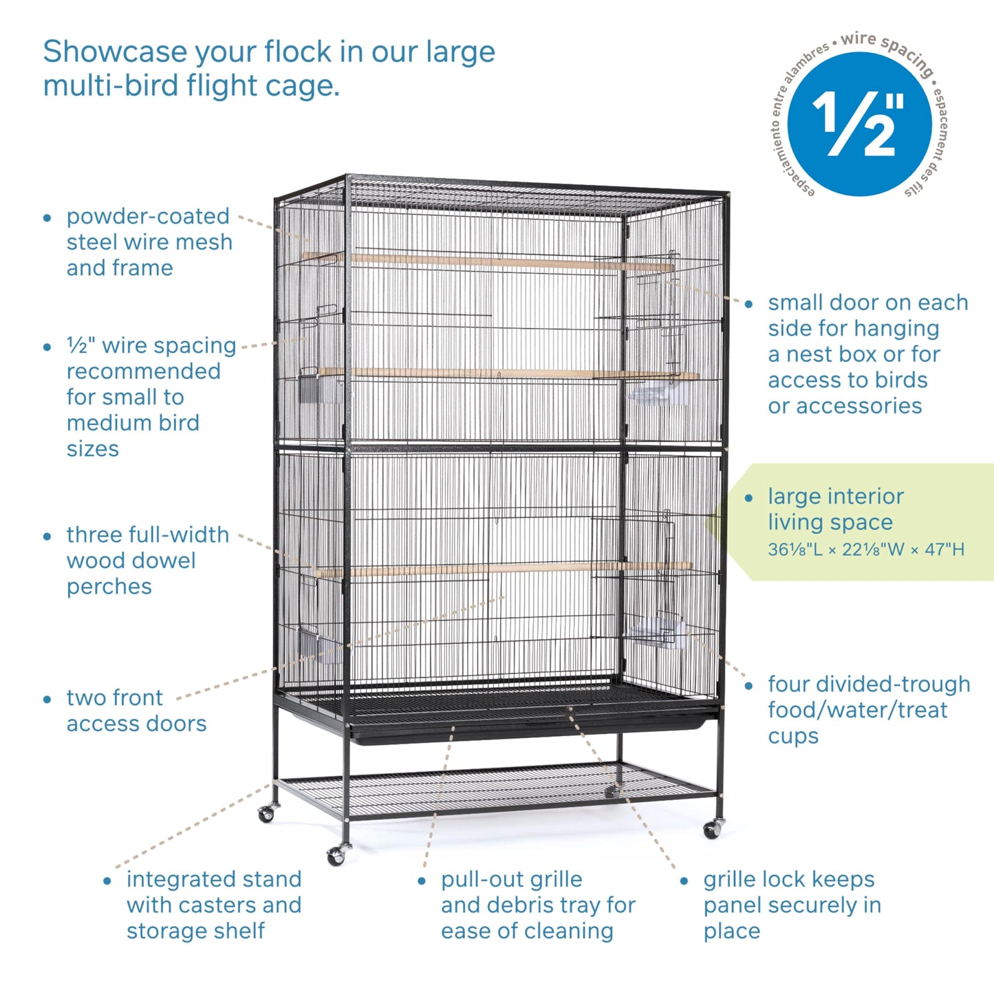 Prevue Hendryx Pet Products Wrought Iron Flight Cage - Big Rolling Bird Cage for Parakeets, Cockatiels, Conures, Lovebirds, Canaries, Finches, Parrotlets, & Caiques, 5 Ft - X-Large, Hammertone Black