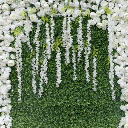 Handmade Green Lawn White Rose Wall Large Artificial Flower Wall Backdrop Panels,Rose Wedding Backdrop 3D Floral Wall Fabric Flower Wall For Party Baby Shower Bridal Wedding B,1m*1m/3.28*3.28FT