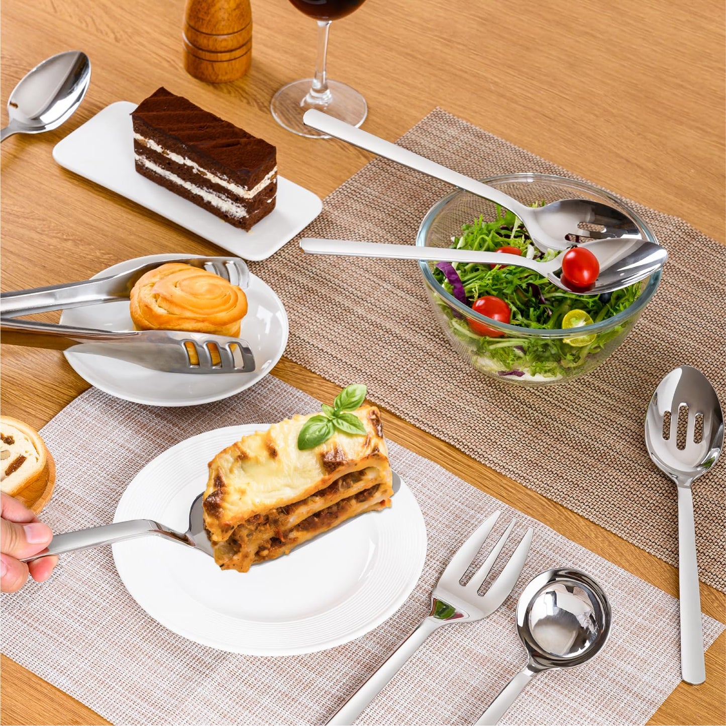 KINGSTONE Large Hostess Serving Utensils Set,18/10 Stainless Steel Heavy Duty 10inch Serving Spoons,Slotted Spoons,Serving Fork,Serving Tongs, Cake Pie Server For Buffet, Wedding, Party