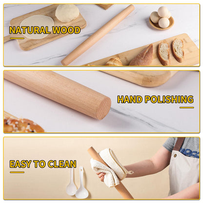 French Rolling Pin (18.92Inches) –WoodenRoll Pin for Fondant, Pie Crust, Cookie, Pastry, Dough –Tapered Design & Smooth Construction - Essential Kitchen Utensil- Easy Clean Handle