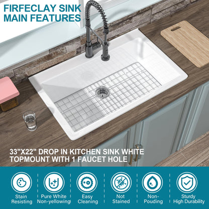 HOMLYLINK 33x22 Drop In Kitchen Sink White 1 Hole, 33 Inch Topmount Fireclay Sink Drop In Single Bowl, Heavy Duty Large Capacity Deep Basin, w 2 Custom Accessories, Pure White, for Kitchen