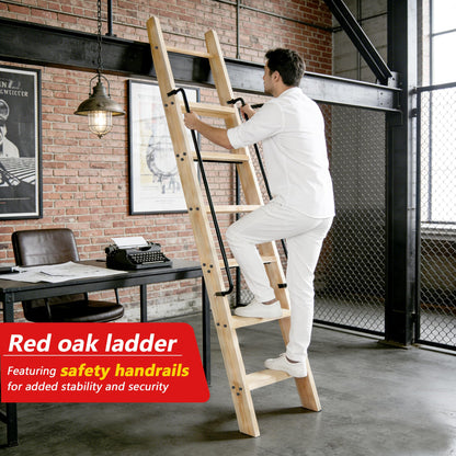 104RDHOUSE 108in Attic Rolling Library Ladder, 9 Step Wooden Ladder with,Ladder Bookshelf,Wall Stairs Red Oak Stair Platform Bunkbed Ladder,for Home Kitchen,Warehouses,Bookstore,DIY Stain